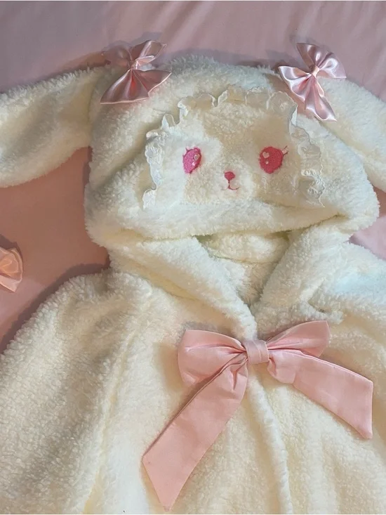 NWT Kawaii Huhu EGL Lolita White & Pink Bunny Hooded Coat + Leg Warmers Set - Picture 5 of 9